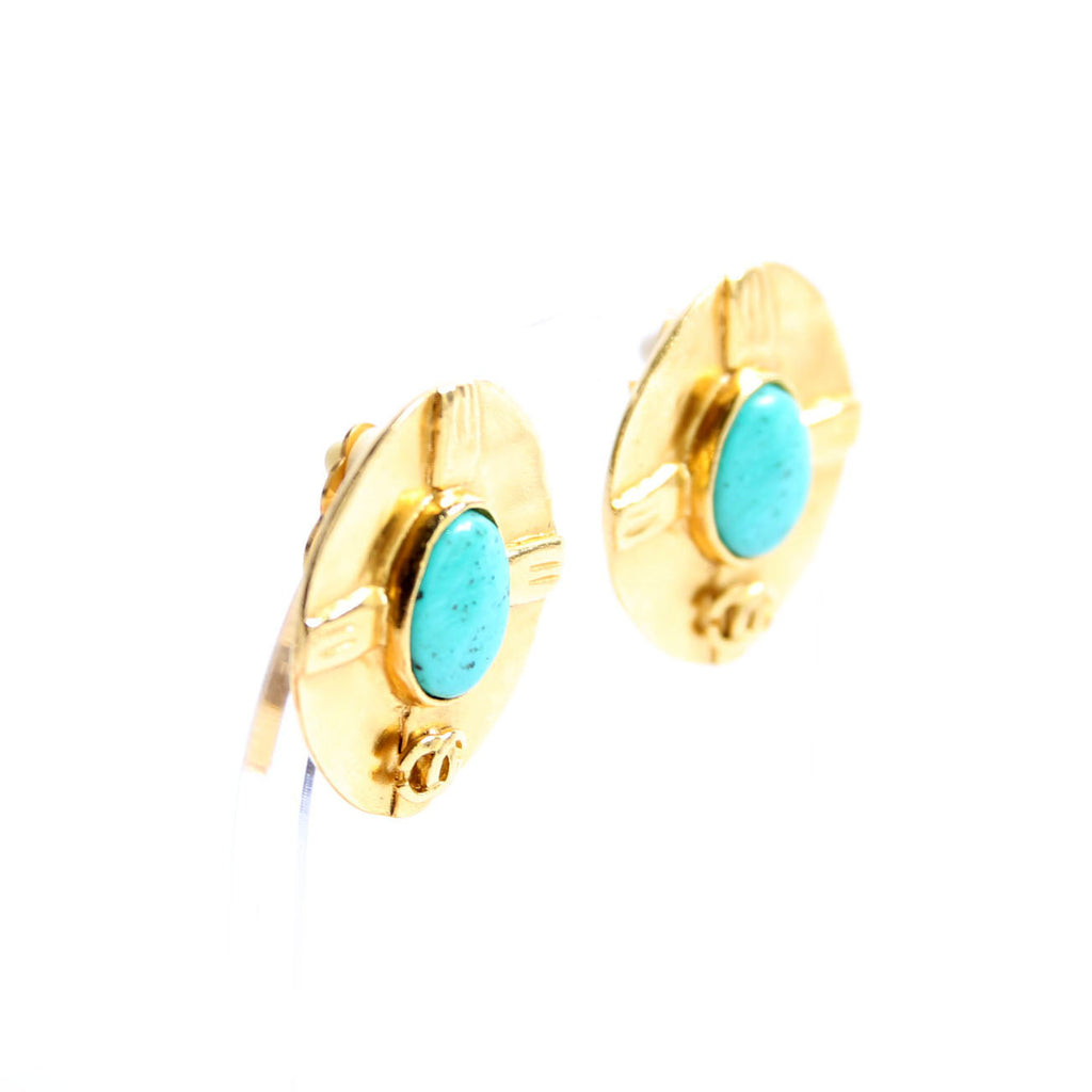 CC Stone Clip-On Vintage Earrings Gold/Teal