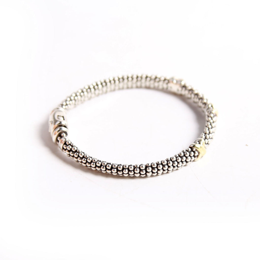 Three Station Caviar Beaded 3MM Bracelet 925/750
