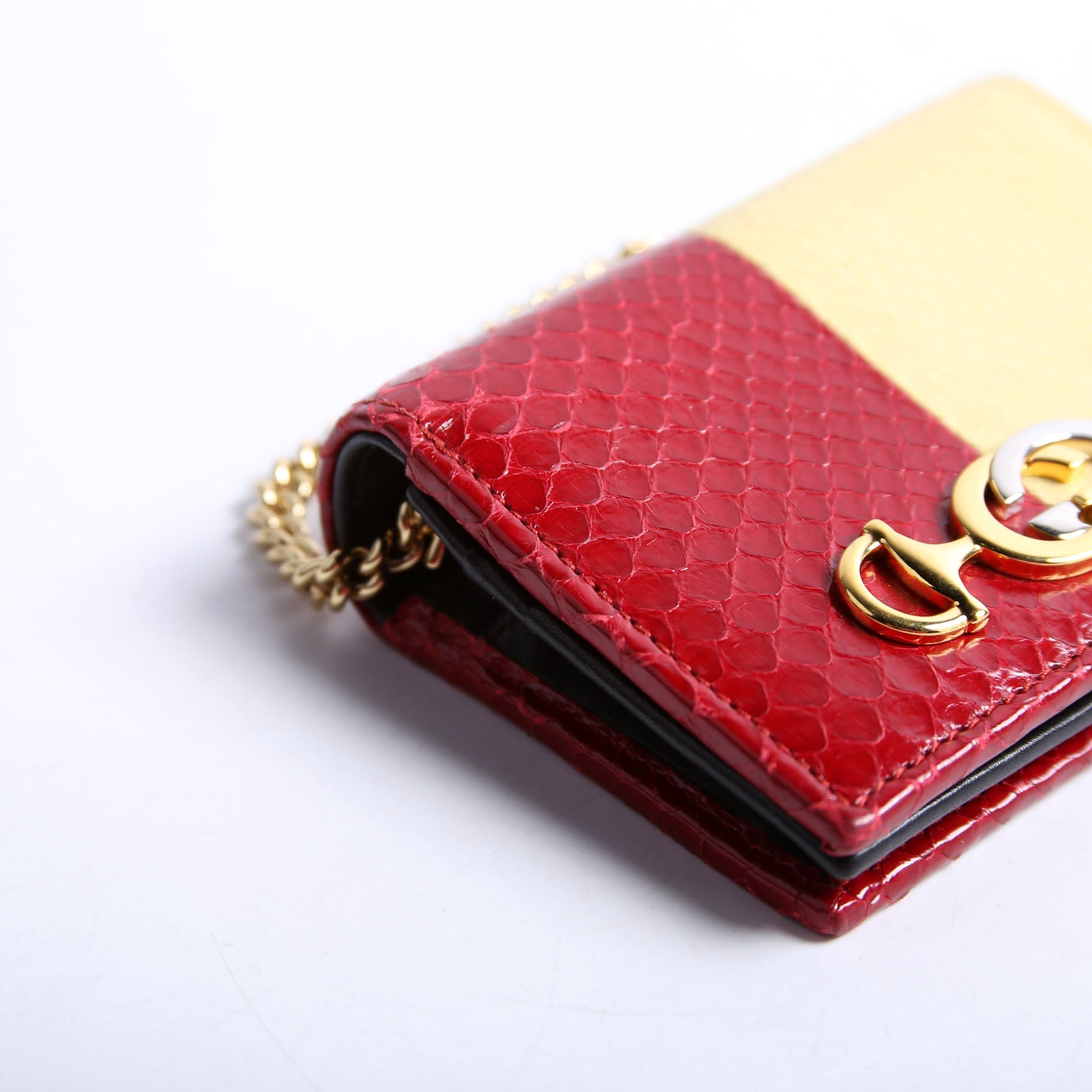 Gucci 570660 Zumi Leather Card Case With Chain Red/Yellow