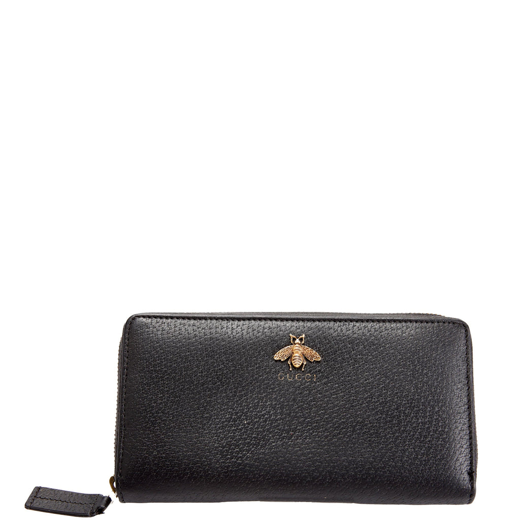 523667 Animalier Bee Leather Zip Around Long Wallet Black