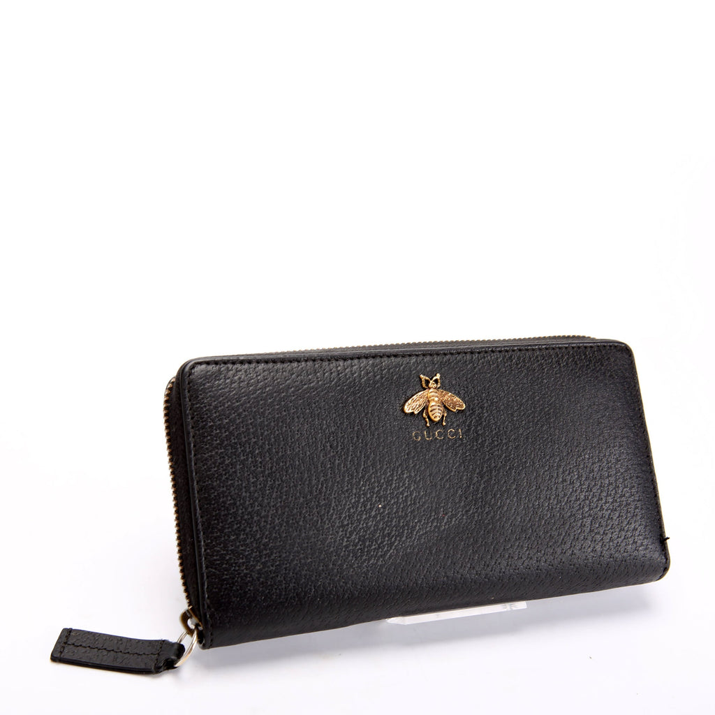 523667 Animalier Bee Leather Zip Around Long Wallet Black