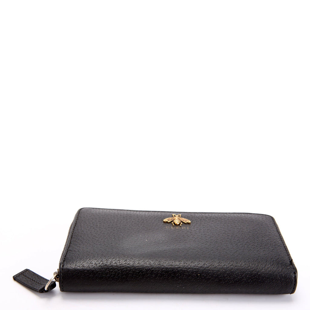 523667 Animalier Bee Leather Zip Around Long Wallet Black
