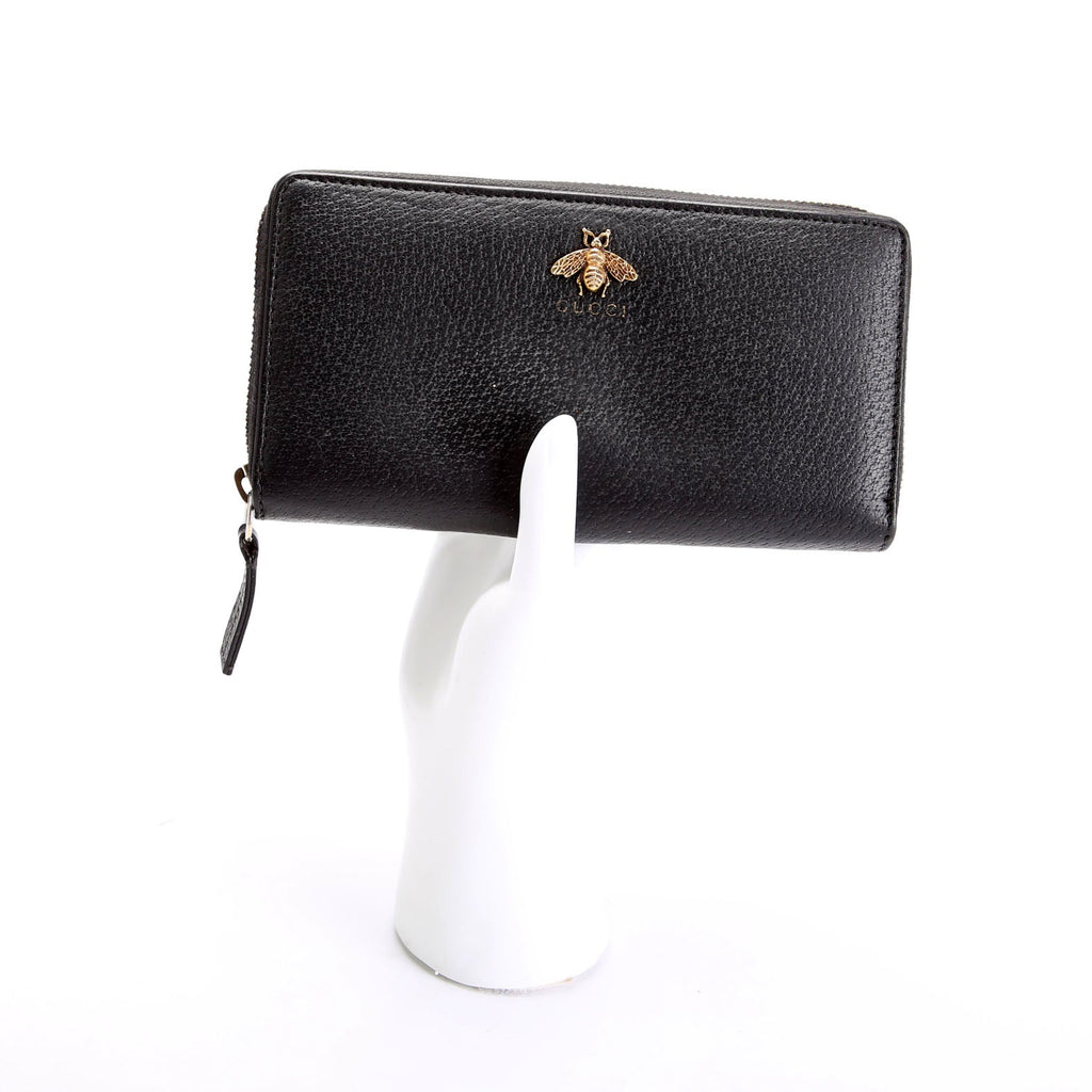 523667 Animalier Bee Leather Zip Around Long Wallet Black