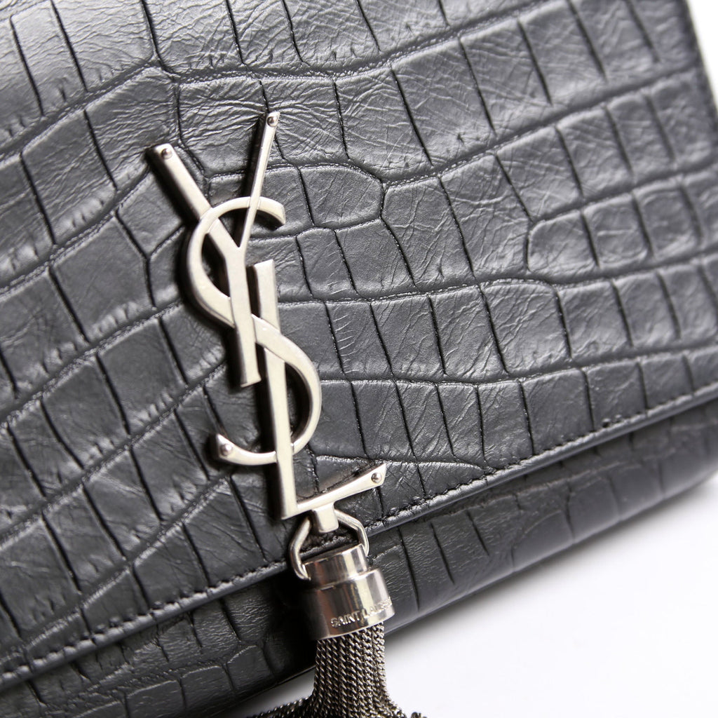 Kate Tassel Satchel Medium Crocodile Embossed 352119 Black