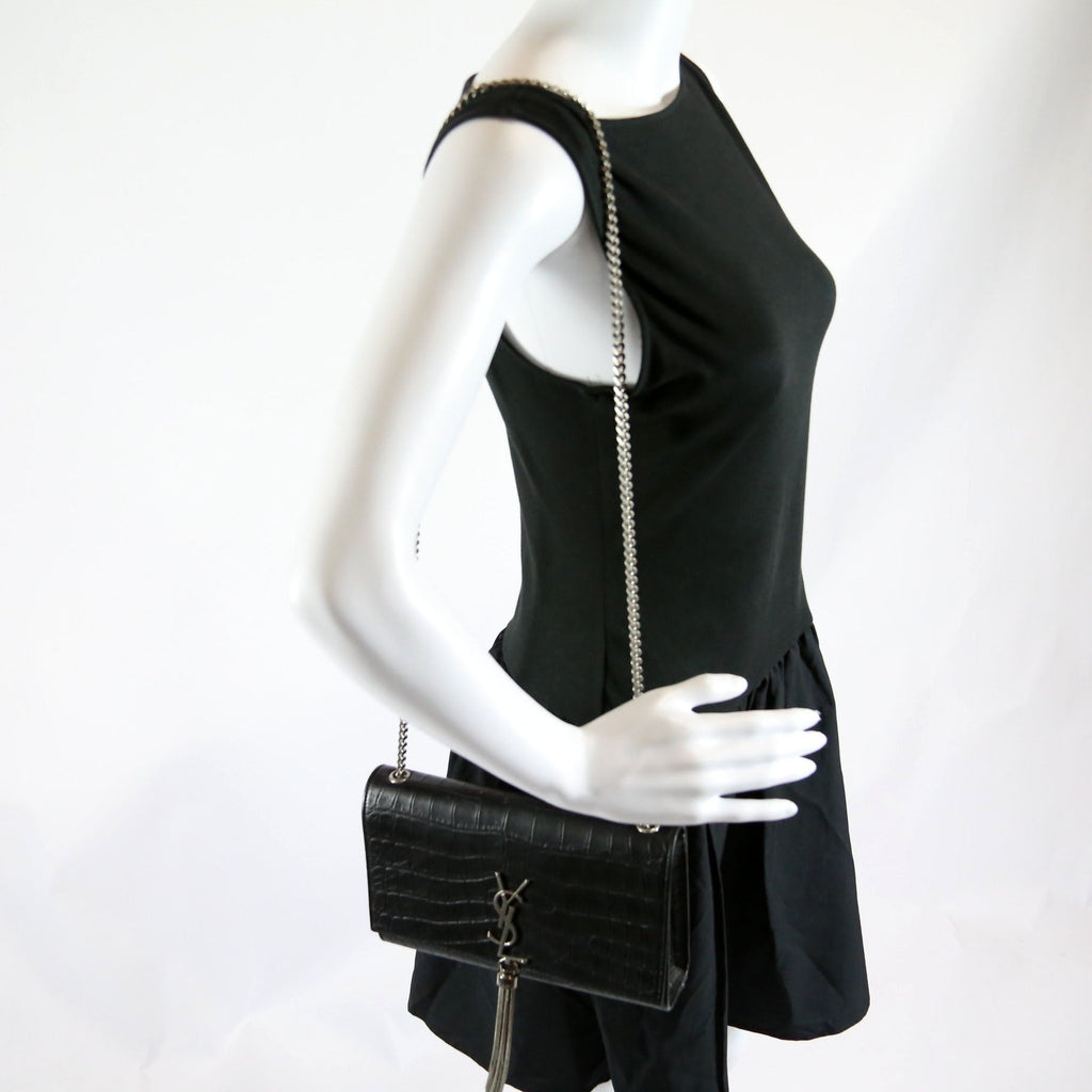Kate Tassel Satchel Medium Crocodile Embossed 352119 Black