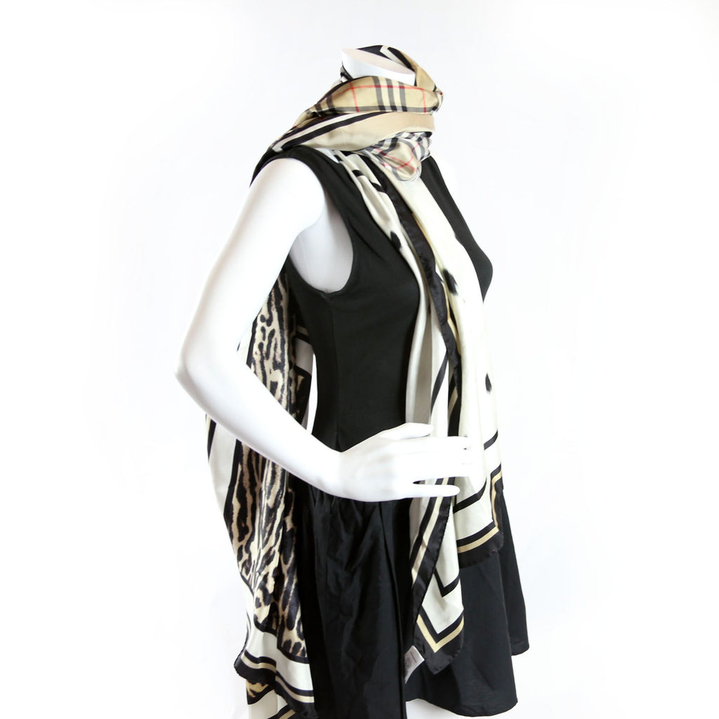 Vintage Check Animal Print Silk Scarf Beige/Black