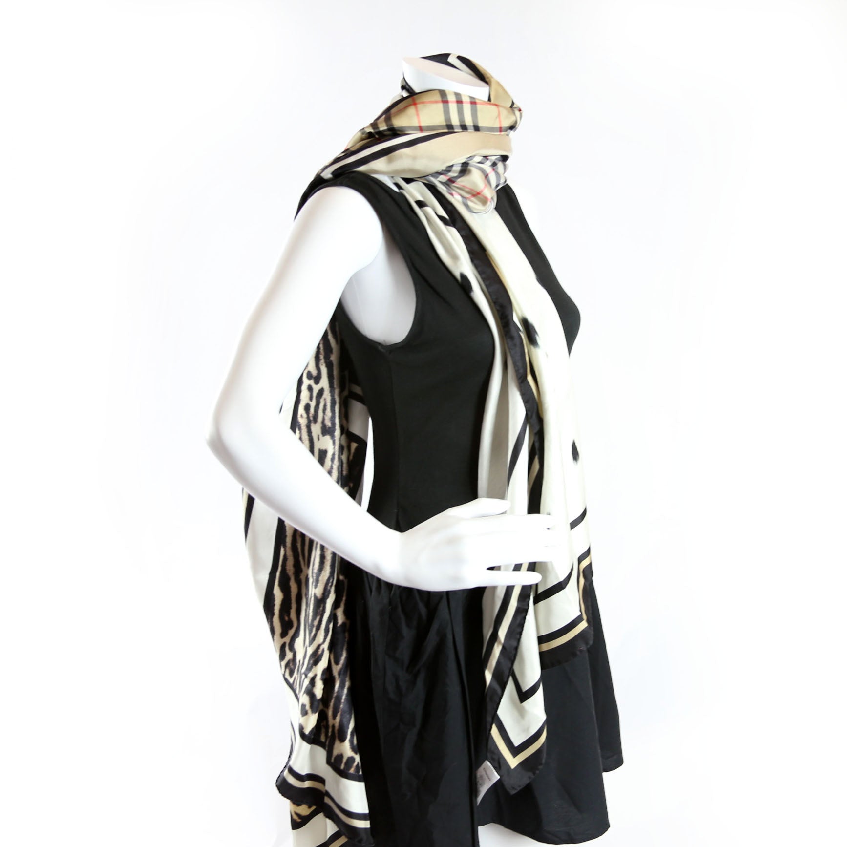 Vintage Check Animal Print Silk Scarf Beige/Black