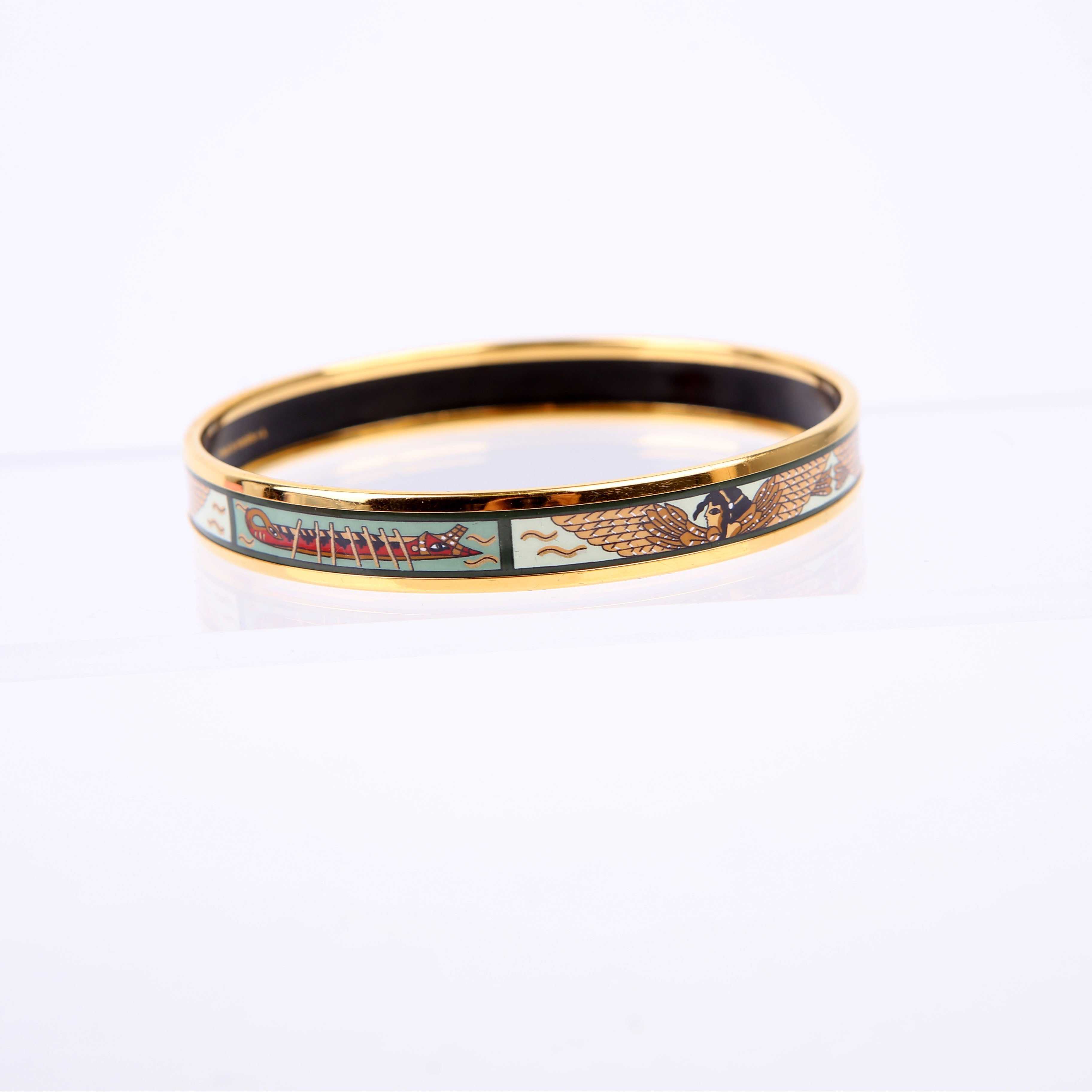 Printed Enamel Narrow Bangle Bracelet Green/Gold