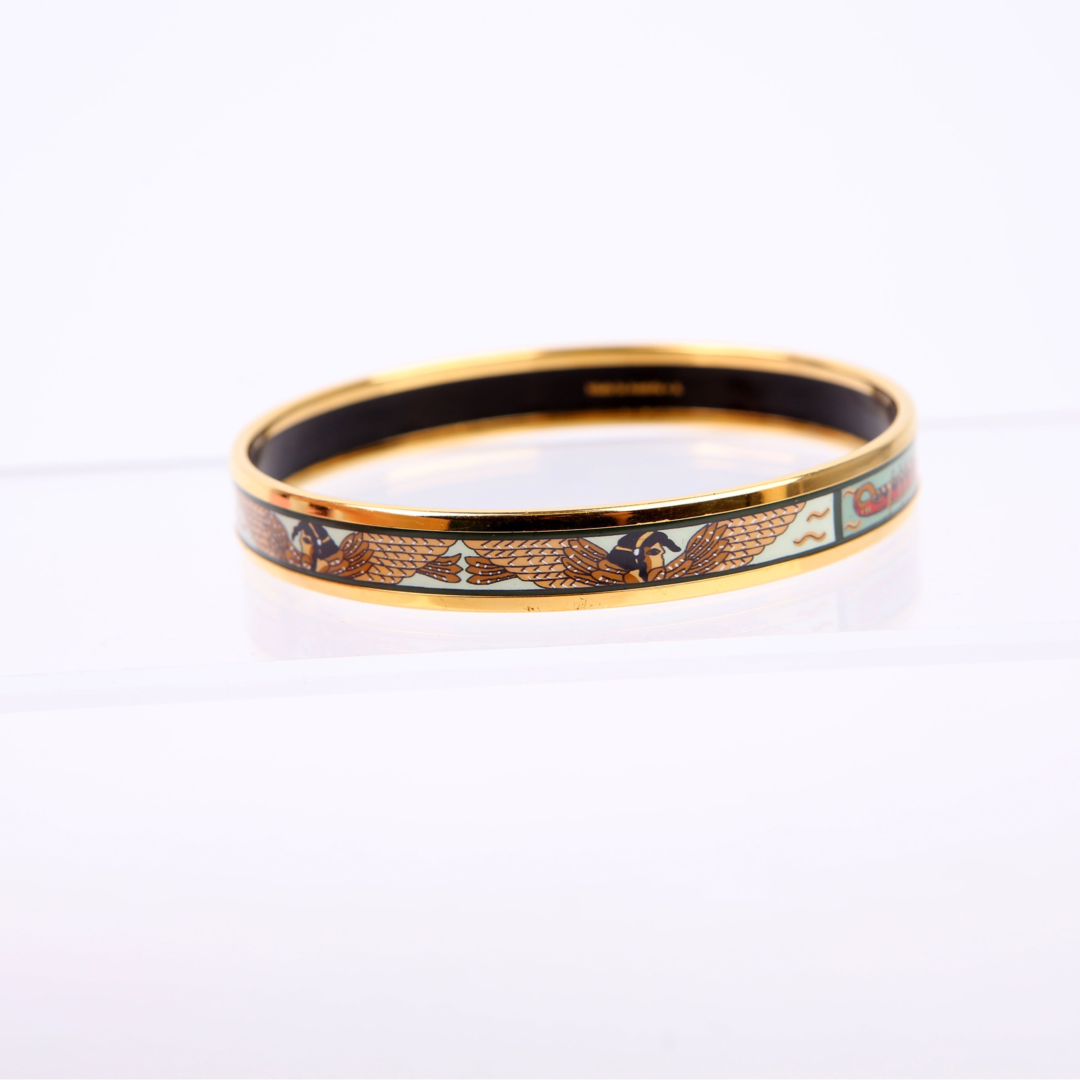 Printed Enamel Narrow Bangle Bracelet Green/Gold