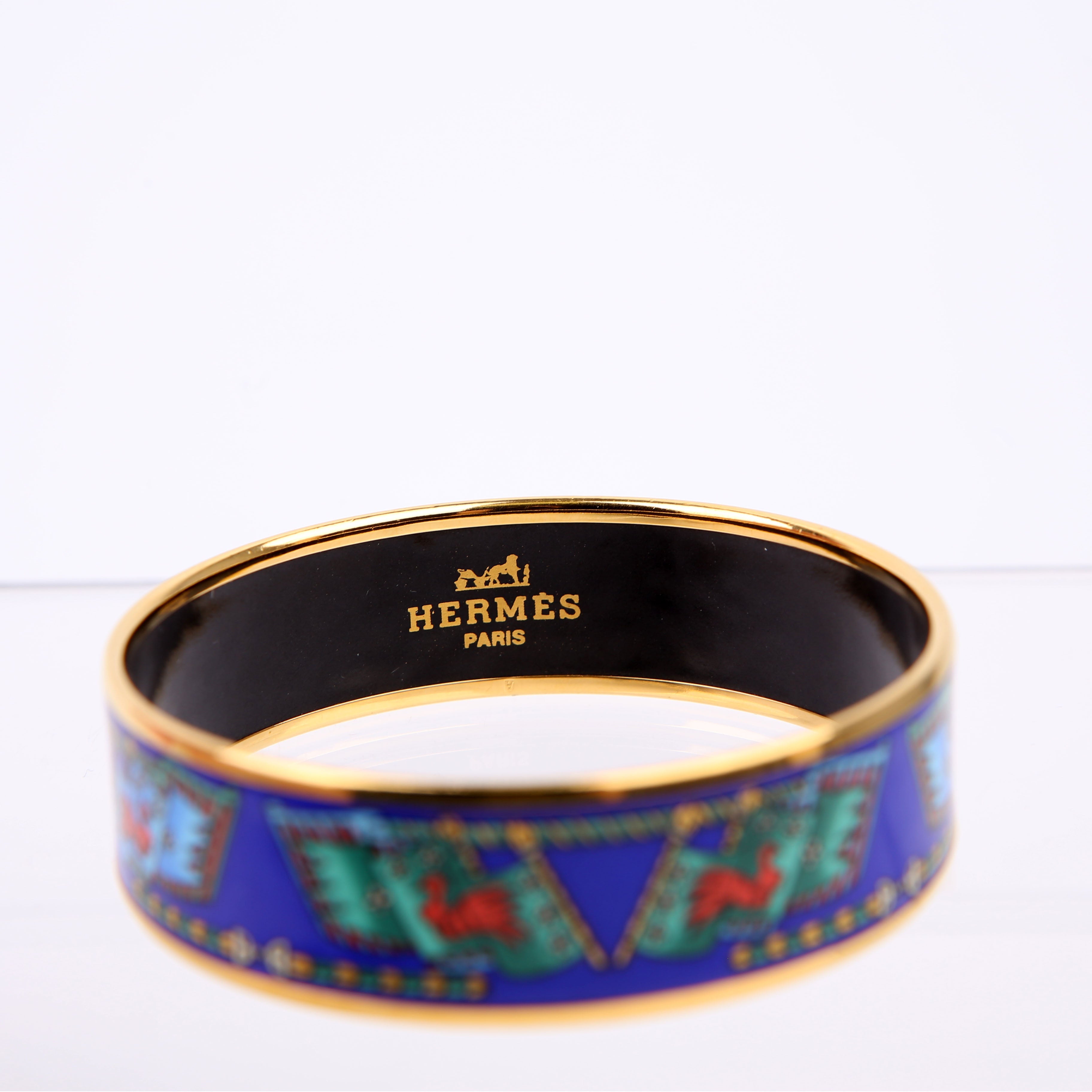 Hermes Enamel Wide Bangle Bracelet Blue/Gold