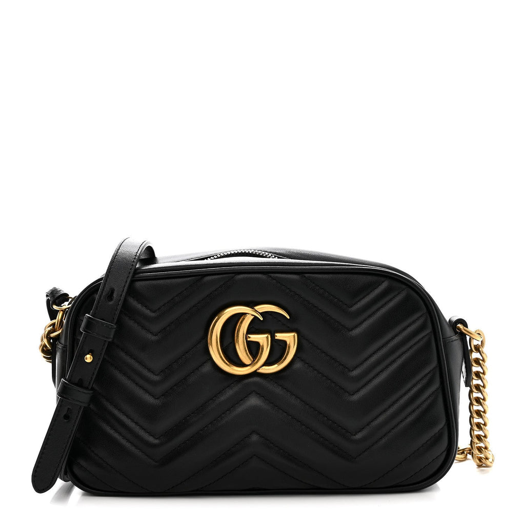 Gucci Calfskin Matelasse Small GG Marmont Chain Shoulder Bag Black
