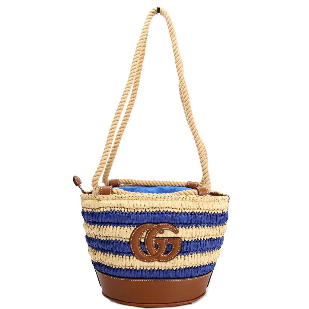 Gucci 834935 Woven Mini Bucket Bag Tan/Blue