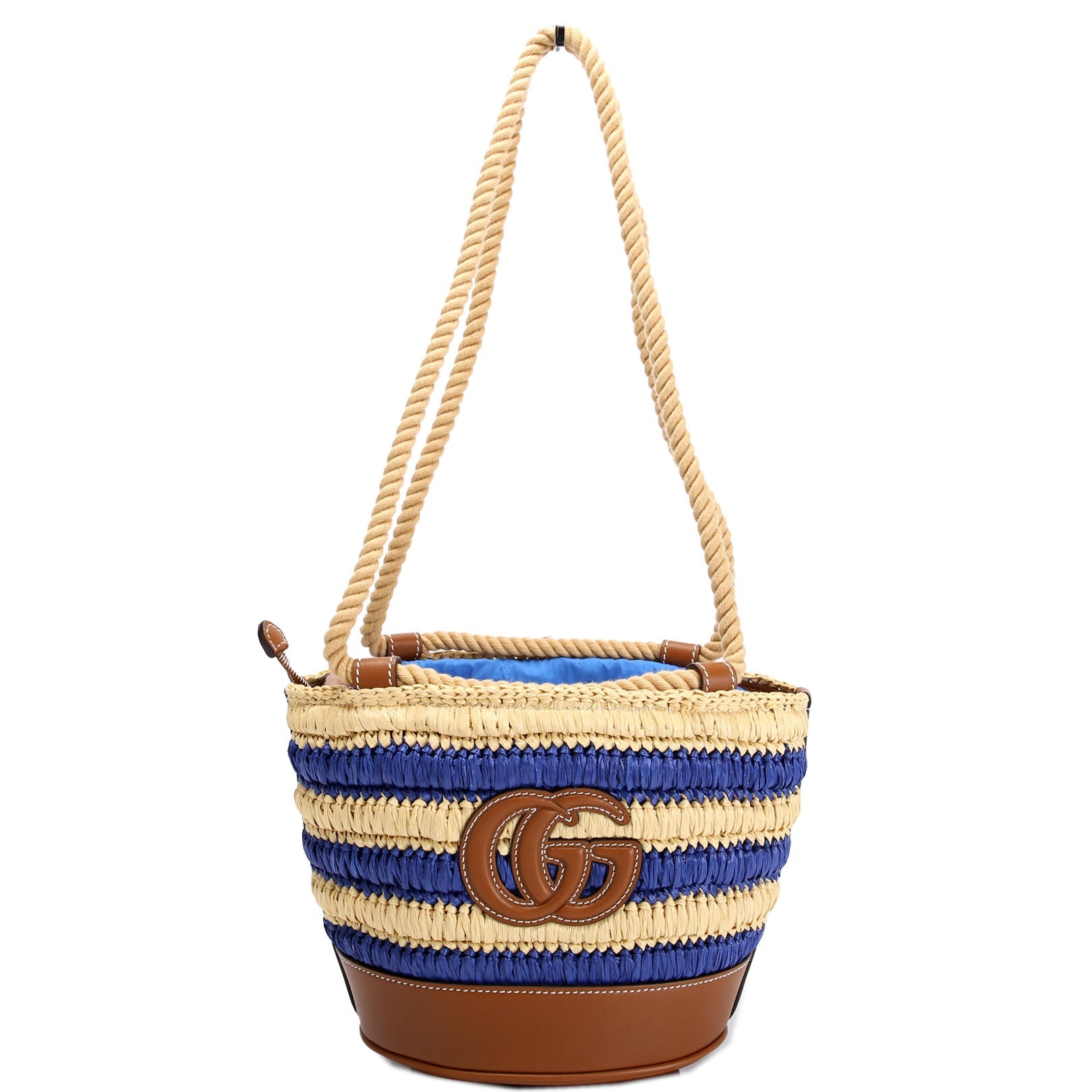 Gucci 834935 Woven Mini Bucket Bag Tan/Blue
