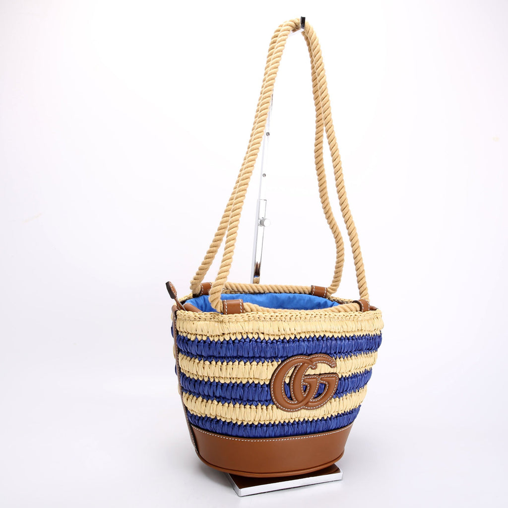 Gucci 834935 Woven Mini Bucket Bag Tan/Blue
