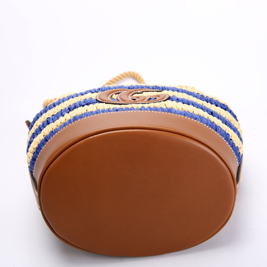 Gucci 834935 Woven Mini Bucket Bag Tan/Blue