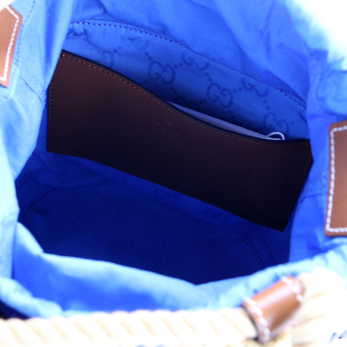 Gucci 834935 Woven Mini Bucket Bag Tan/Blue