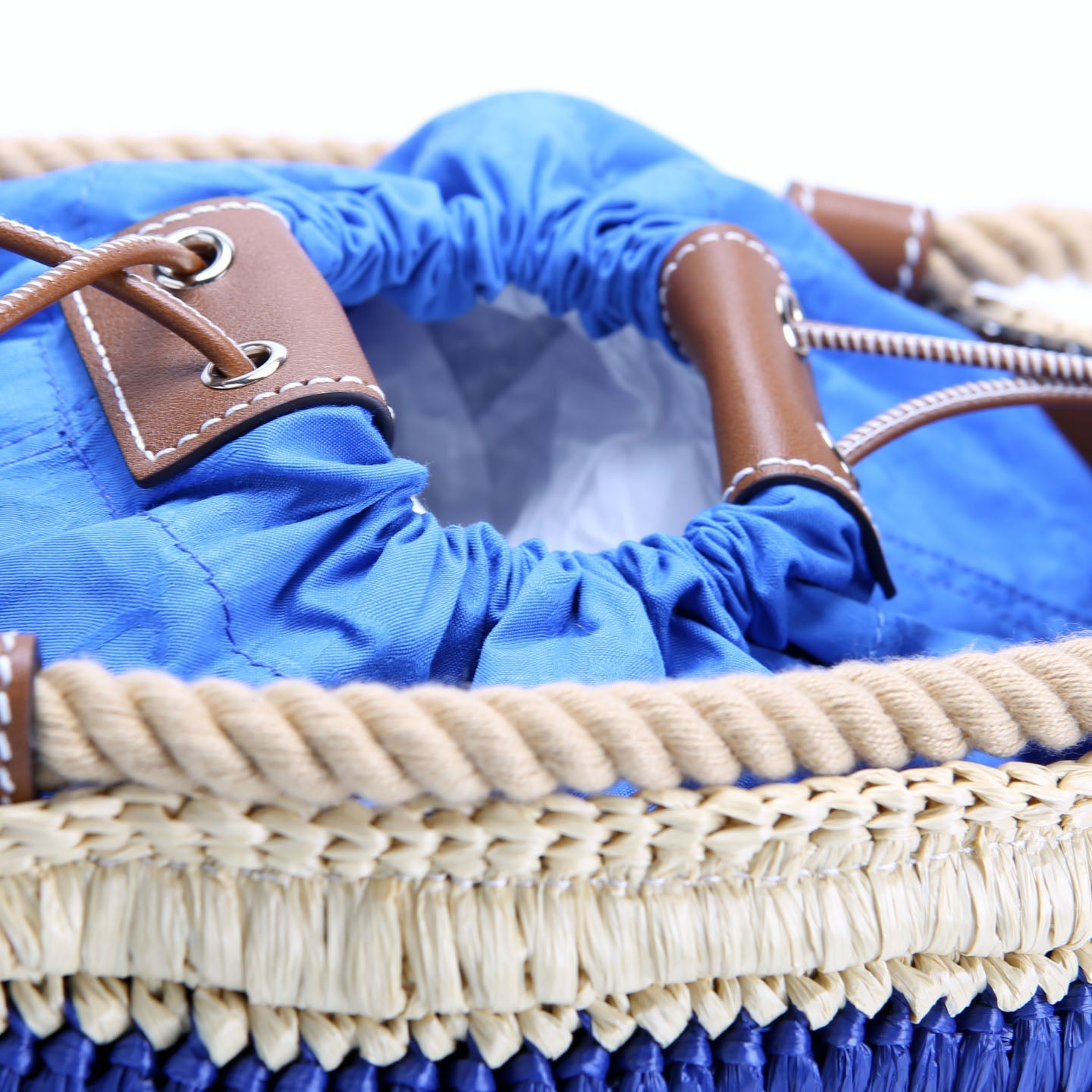Gucci 834935 Woven Mini Bucket Bag Tan/Blue