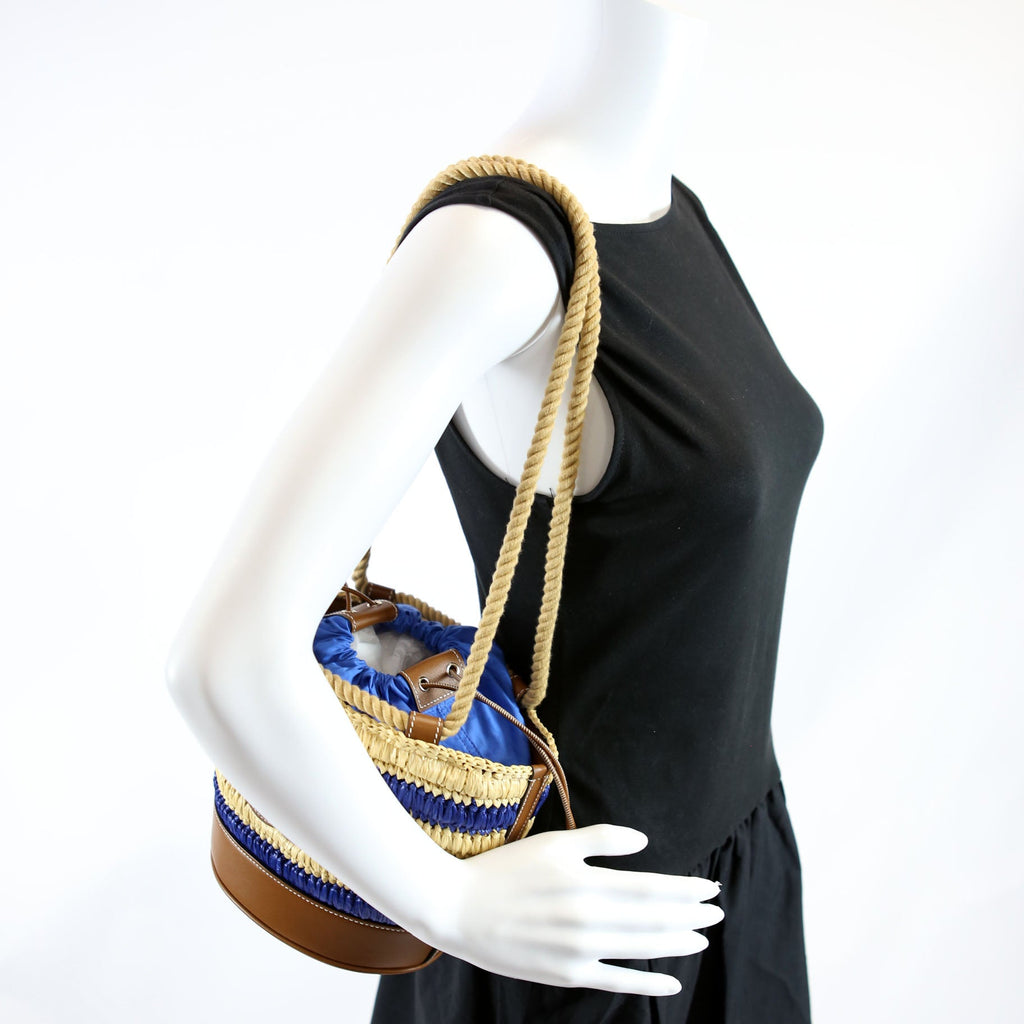 Gucci 834935 Woven Mini Bucket Bag Tan/Blue