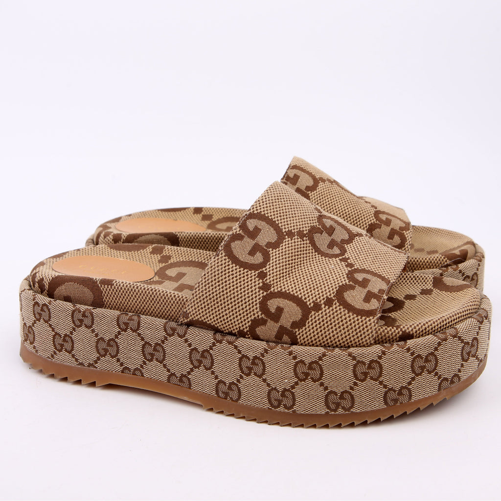 GG Maxi Canvas Platform Slides Size 40 Brown