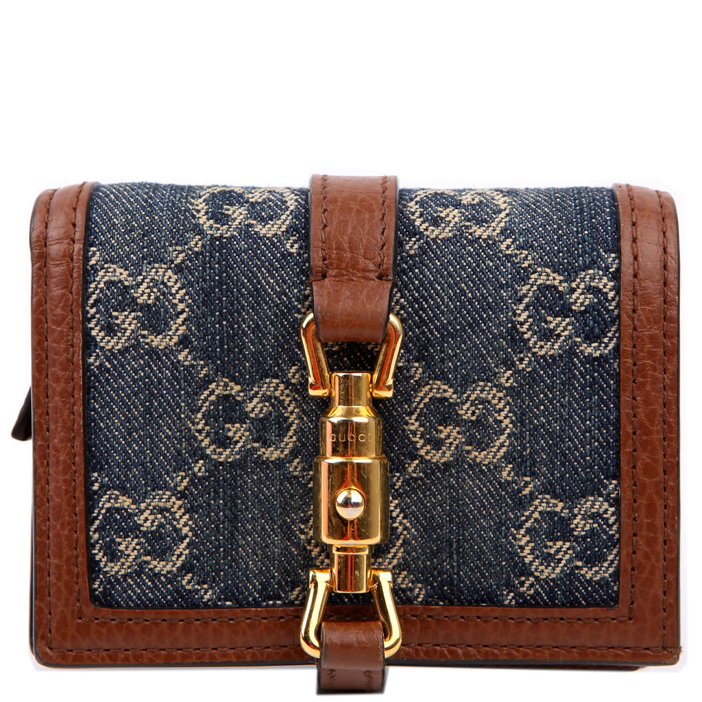 Gucci 645536 GG Denim Jackie Card Case Brown/Navy