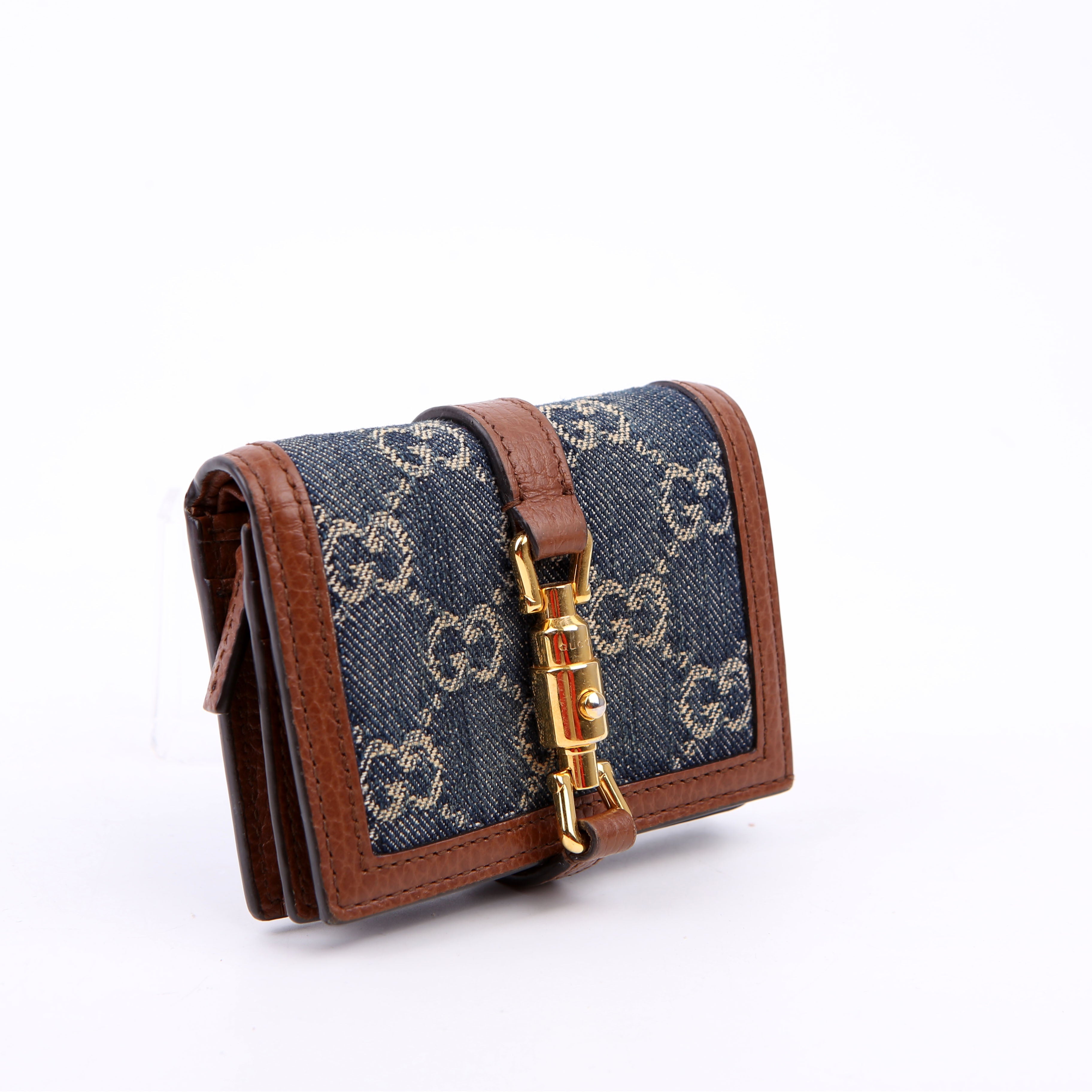 Gucci 645536 GG Denim Jackie Card Case Brown/Navy