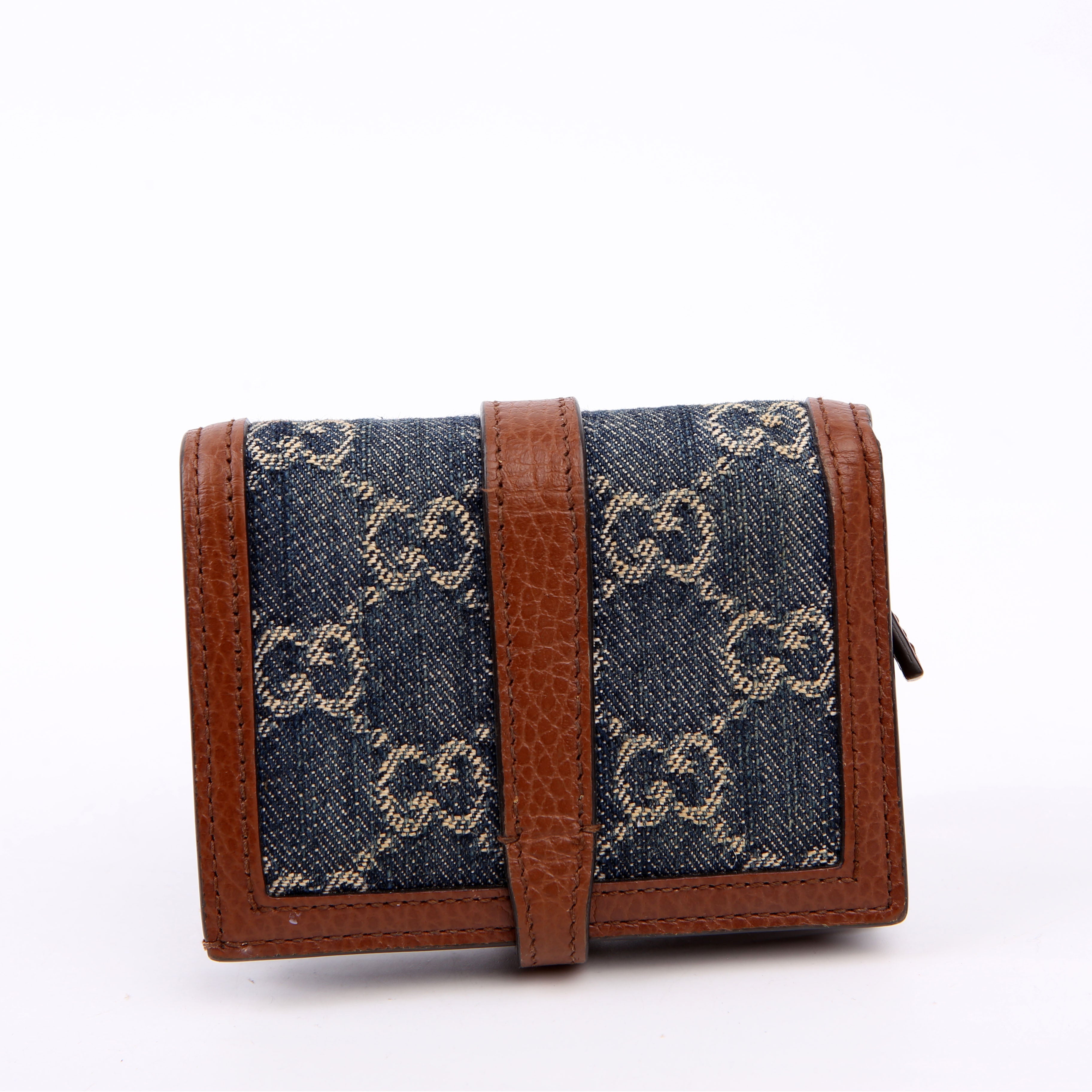 Gucci 645536 GG Denim Jackie Card Case Brown/Navy