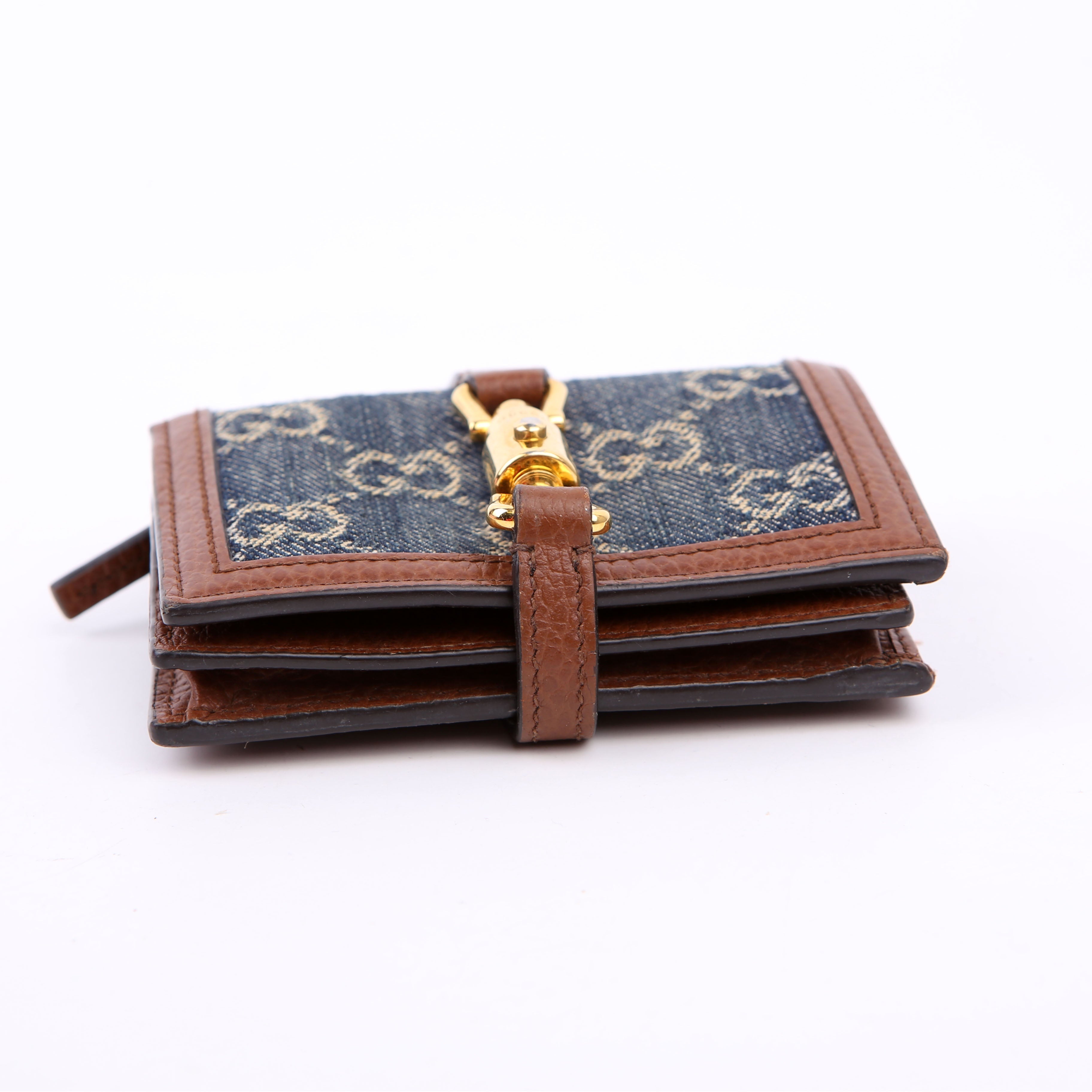 Gucci 645536 GG Denim Jackie Card Case Brown/Navy