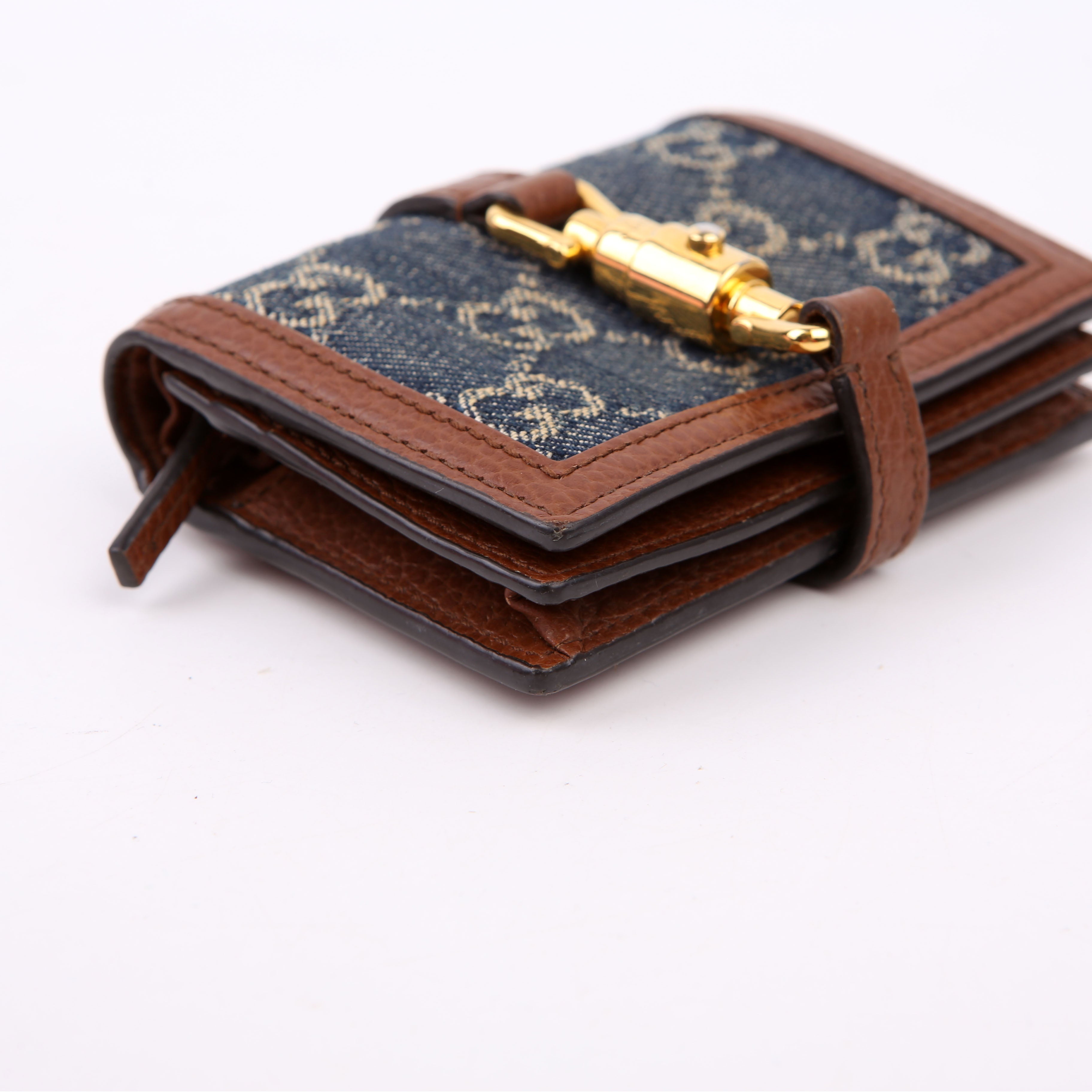 Gucci 645536 GG Denim Jackie Card Case Brown/Navy