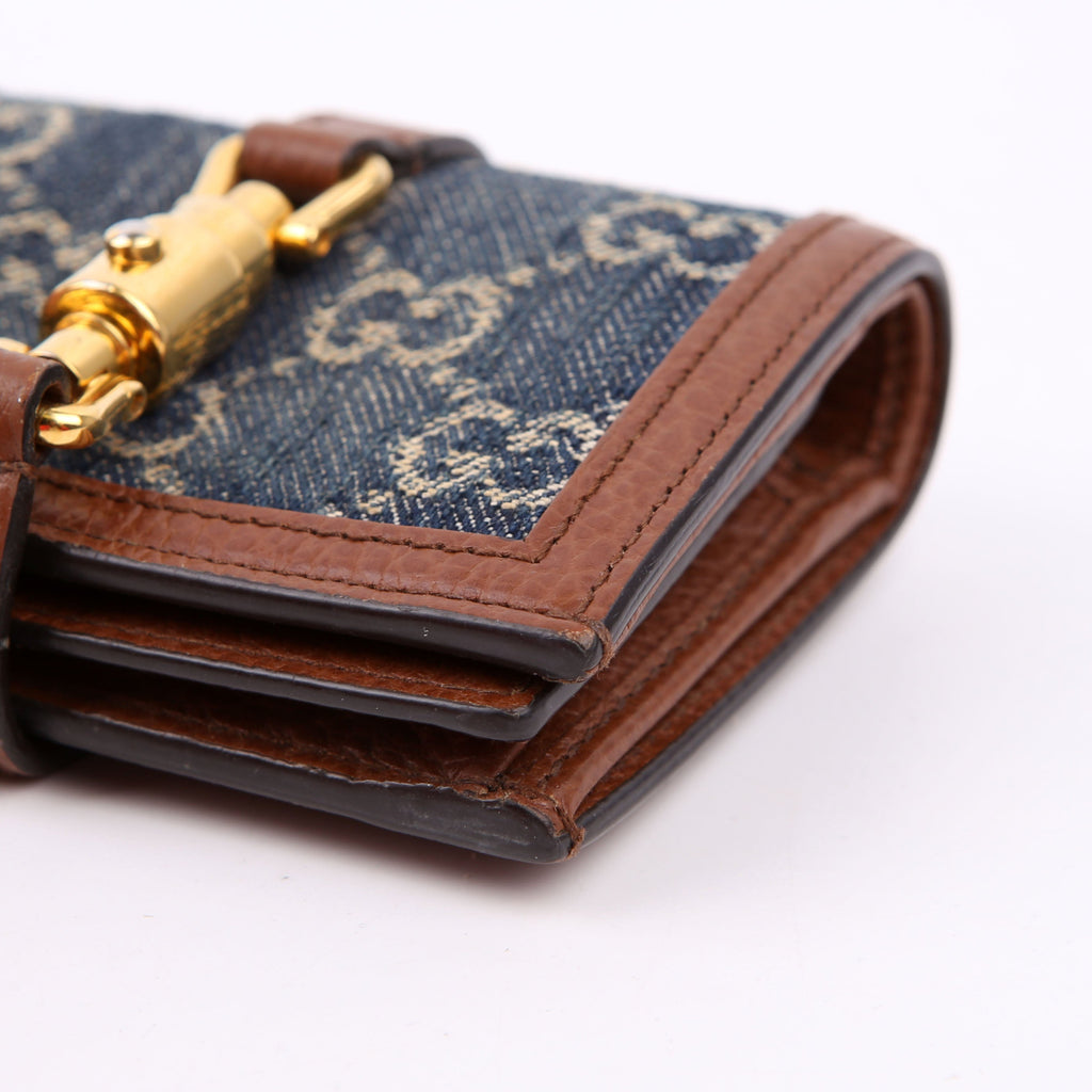 Gucci 645536 GG Denim Jackie Card Case Brown/Navy