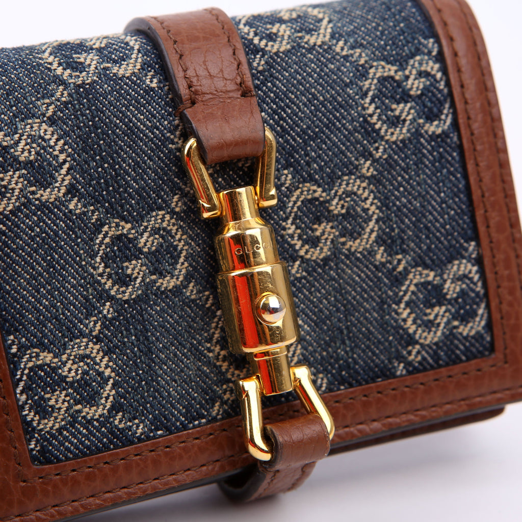 Gucci 645536 GG Denim Jackie Card Case Brown/Navy