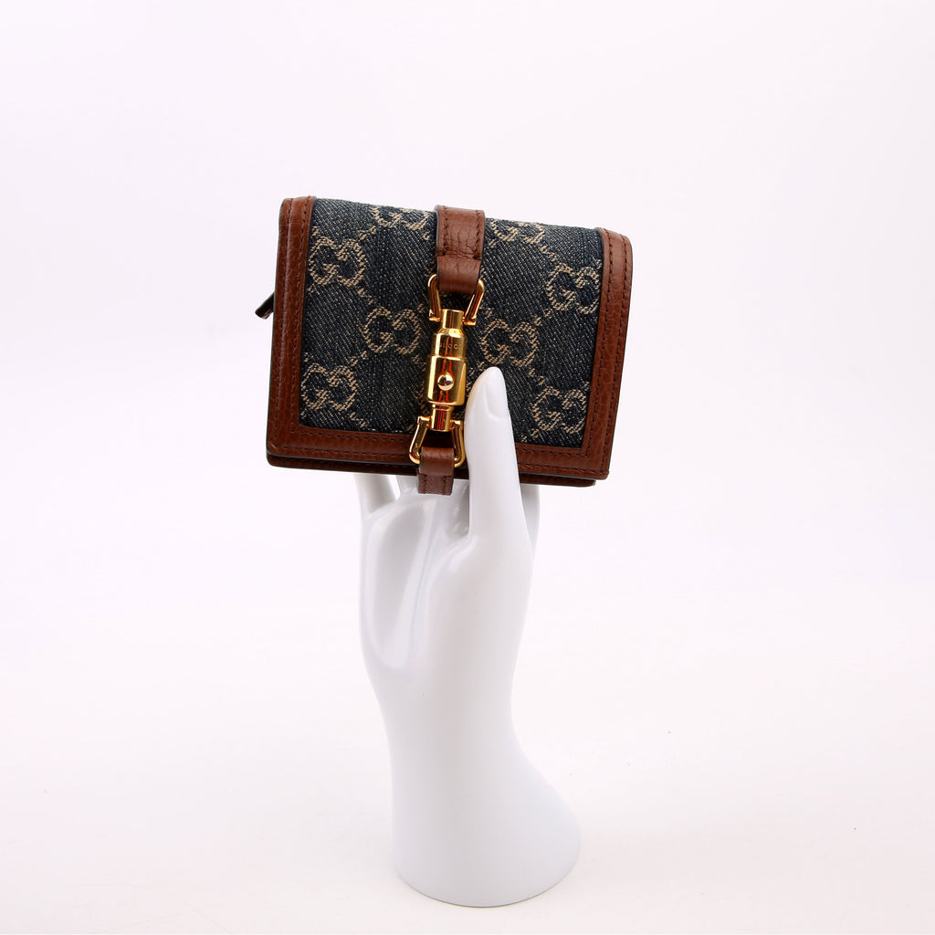 Gucci 645536 GG Denim Jackie Card Case Brown/Navy