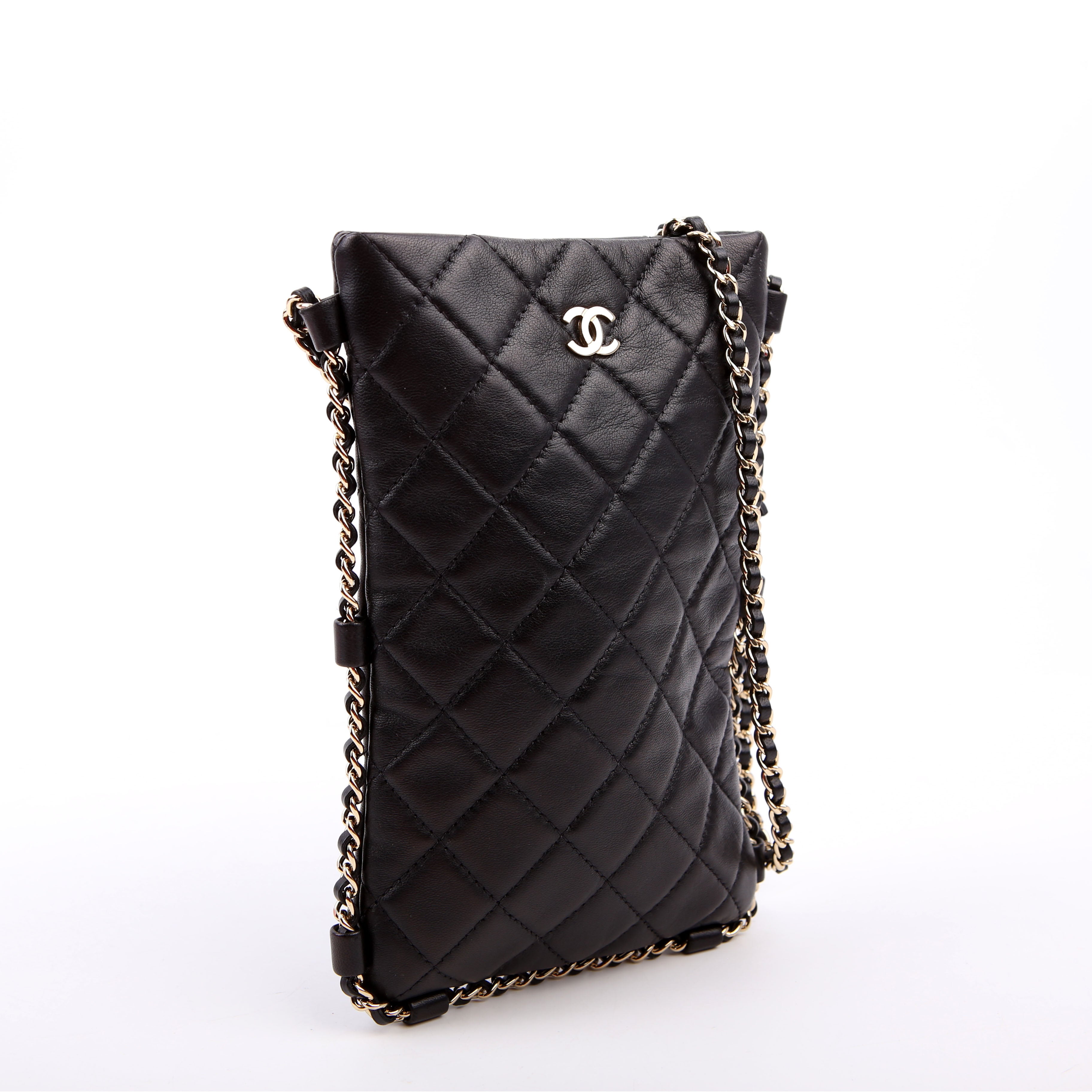 Chain Around Phone Holder Lambskin Black