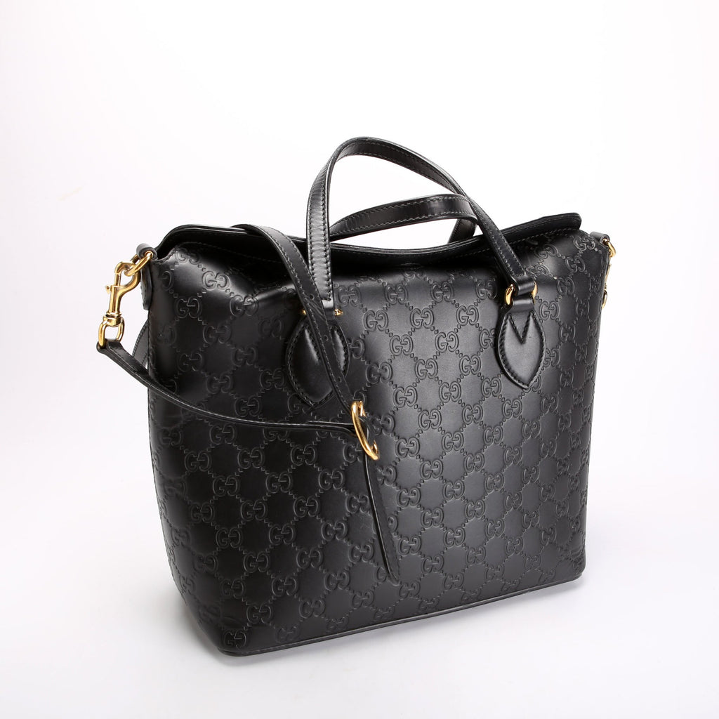 428226 Signature Leather Fold Over Tote Black