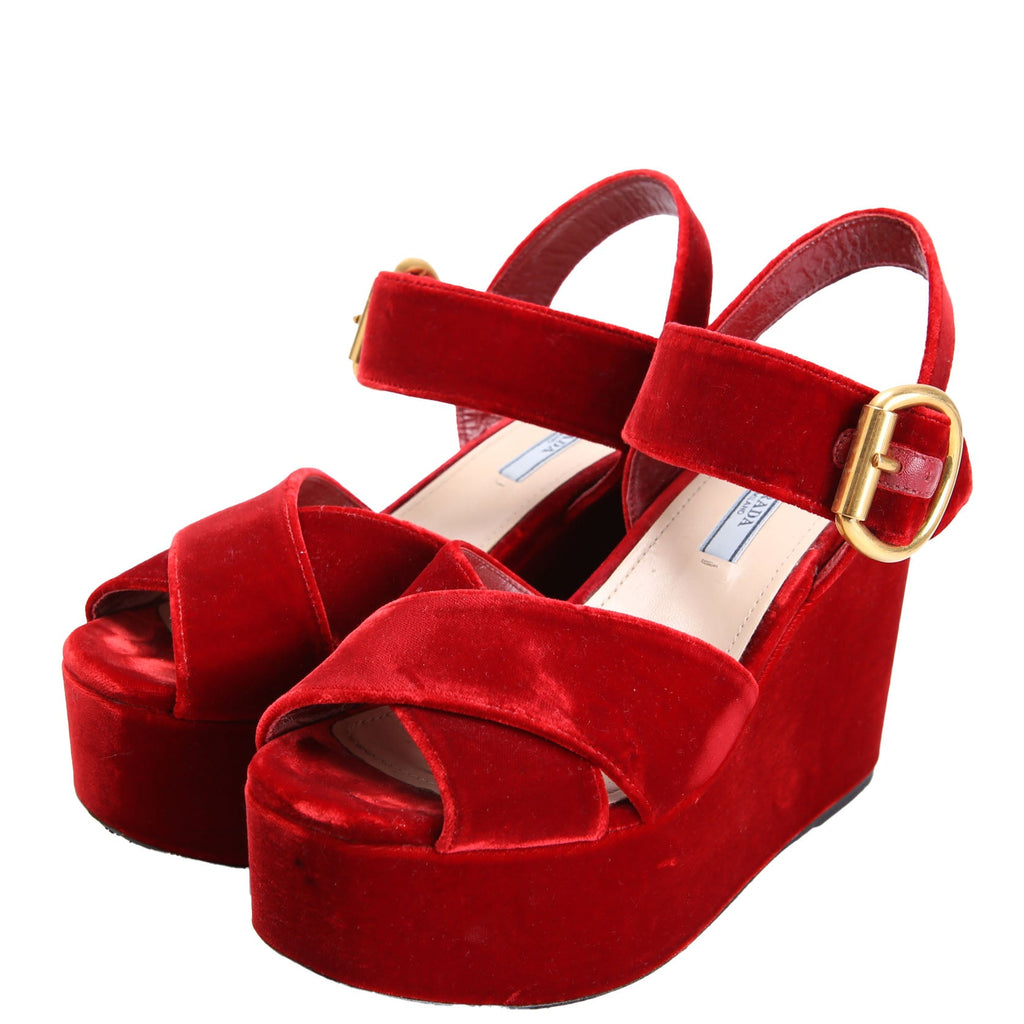 Prada Slingback Platform Velvet Sandals Size 38 Red