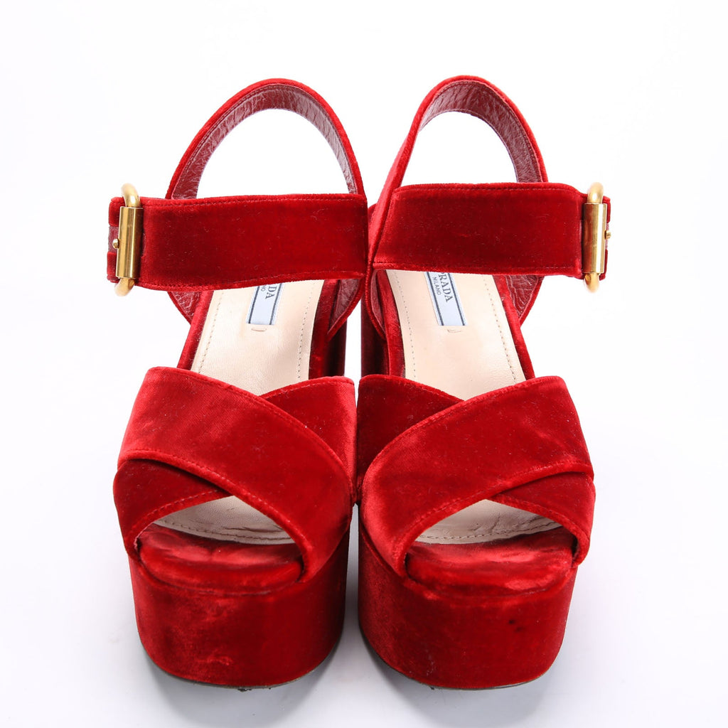 Prada Slingback Platform Velvet Sandals Size 38 Red