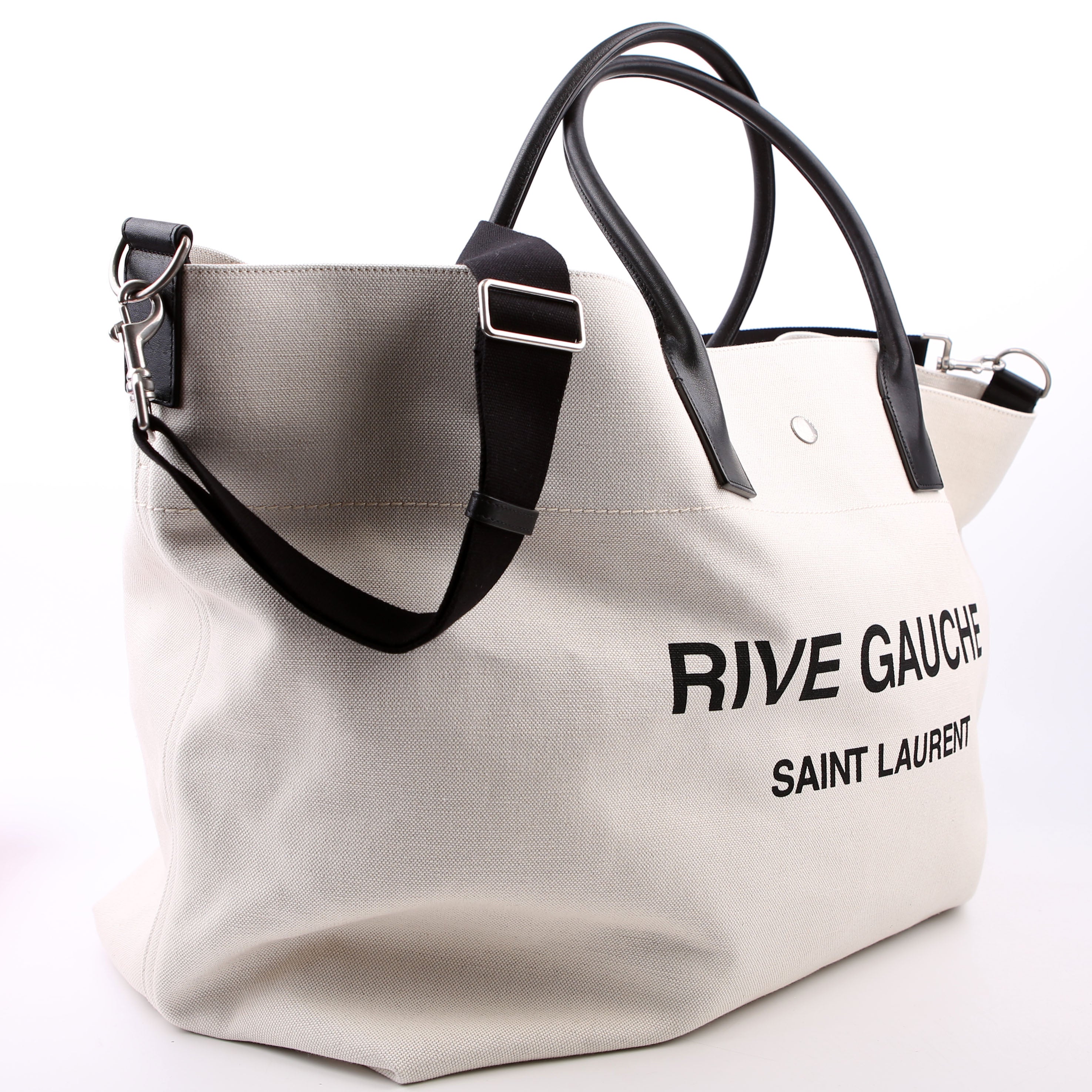 SAINT LAURENT Rive Gauche Canvas Maxi Tote White/Black