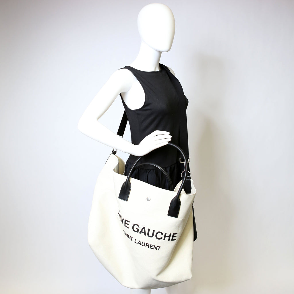 SAINT LAURENT Rive Gauche Canvas Maxi Tote White/Black