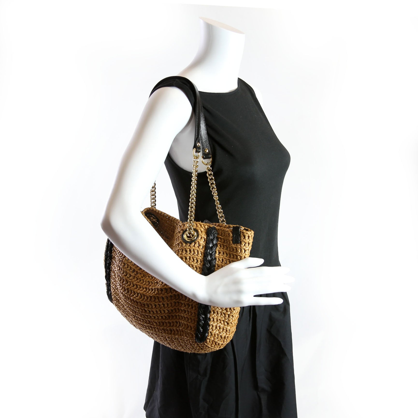 574432 Marmont Raffia Tote Medium Brown/Black