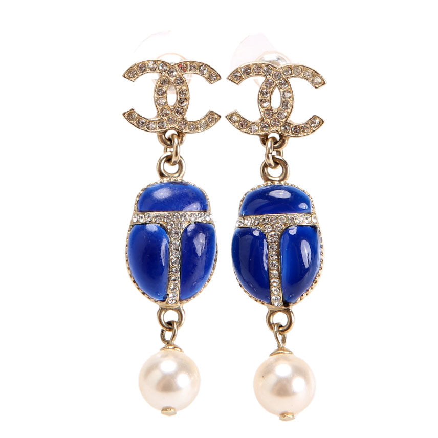 CC Scarab Pearl Drop Earrings Navy/Gold