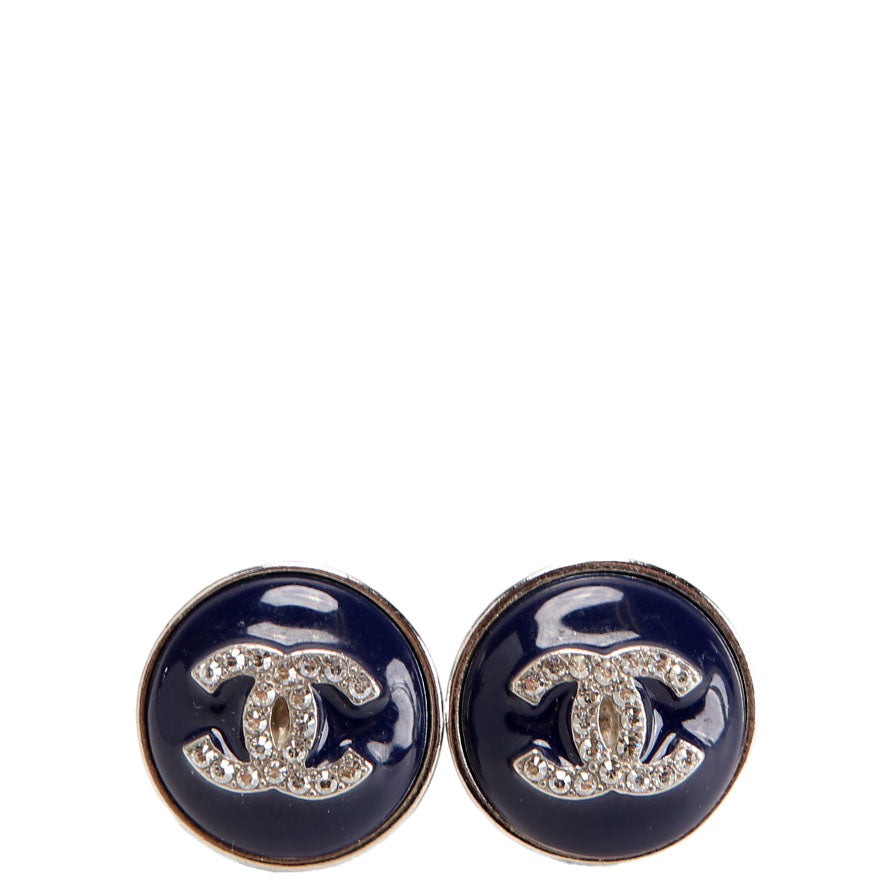 Crystal CC Enamel Round Earrings Navy/Silver