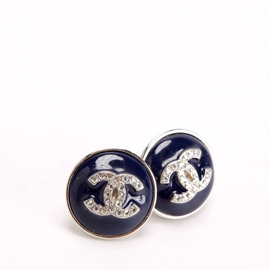 Crystal CC Enamel Round Earrings Navy/Silver