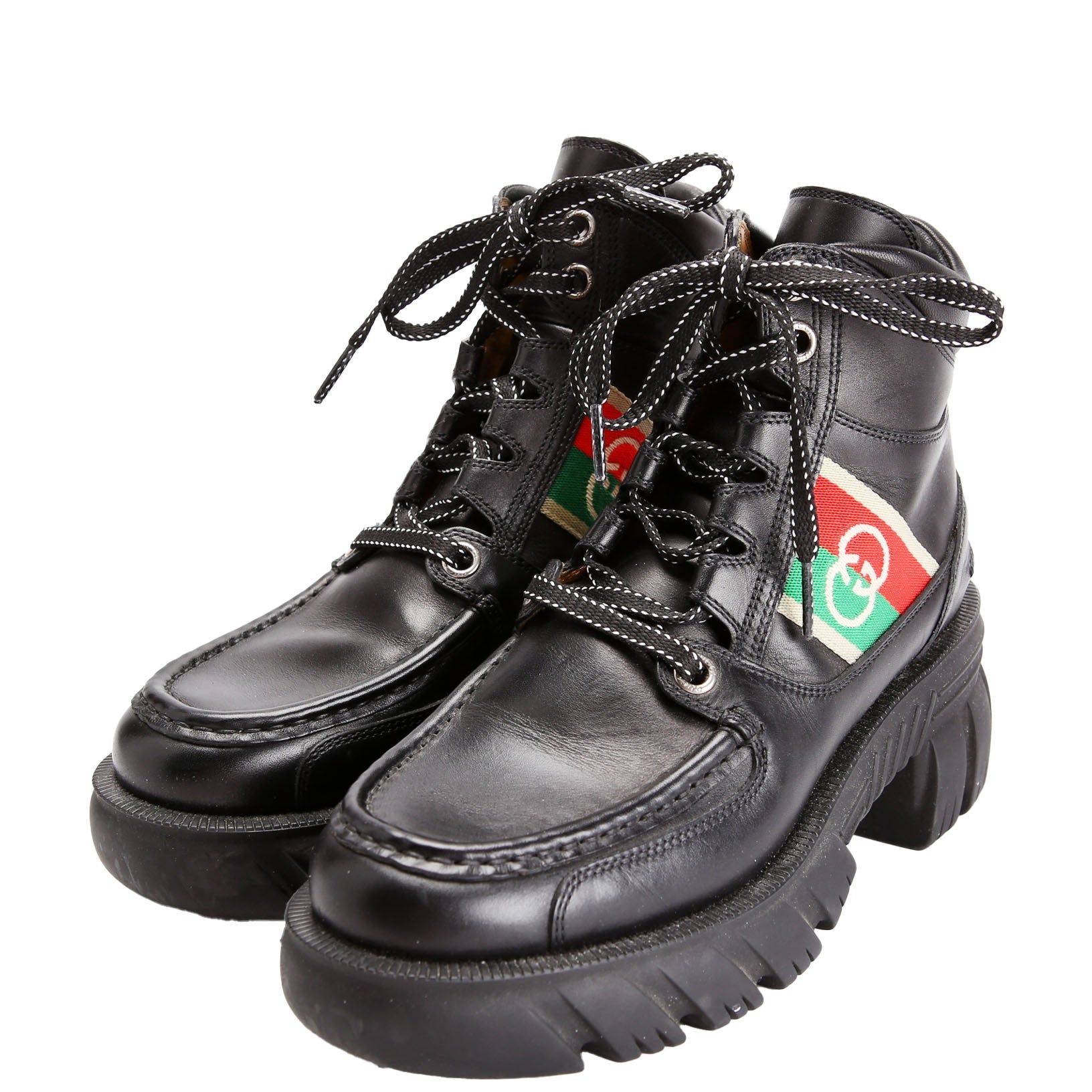 Gucci Web Accent Leather Lace Up Boots Size 37