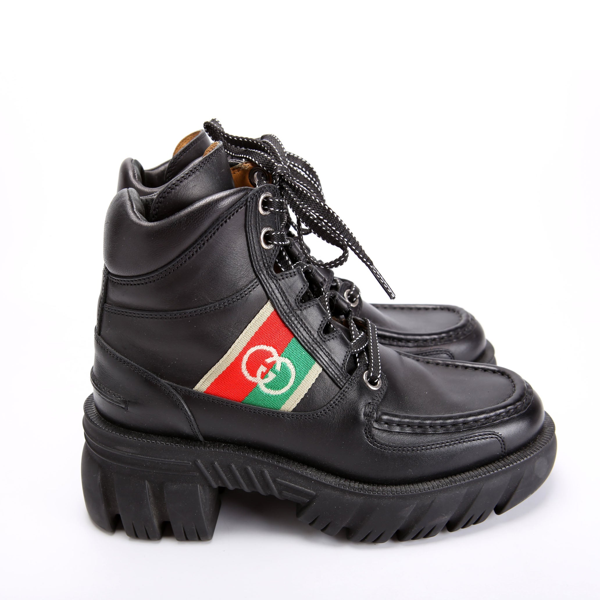 Gucci Web Accent Leather Lace Up Boots Size 37