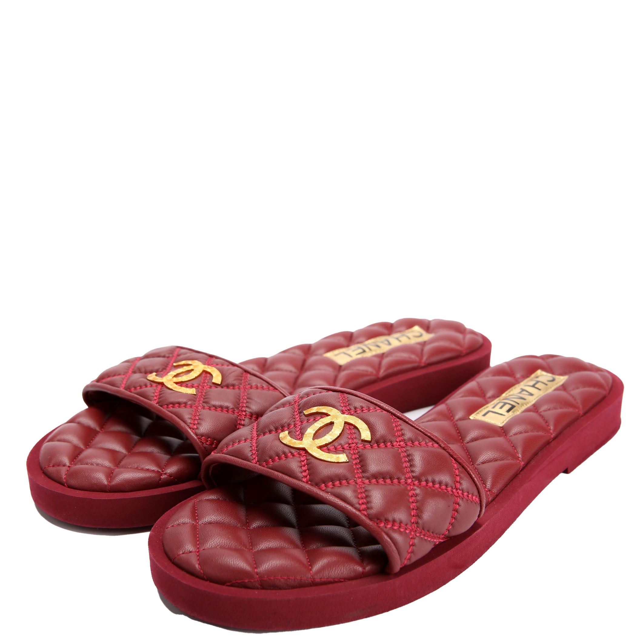 CC Quilted Flap Sandals Size 39.5 Burgundy/Gold