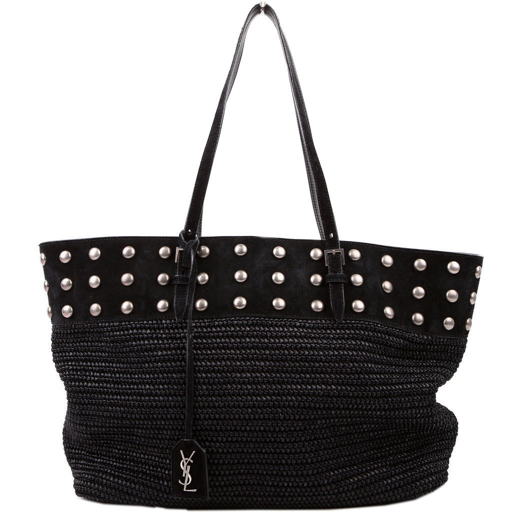 SAINT LAURENT Raffia/Leather Studded Shopping Tote Black