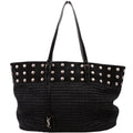SAINT LAURENT Raffia/Leather Studded Shopping Tote Black