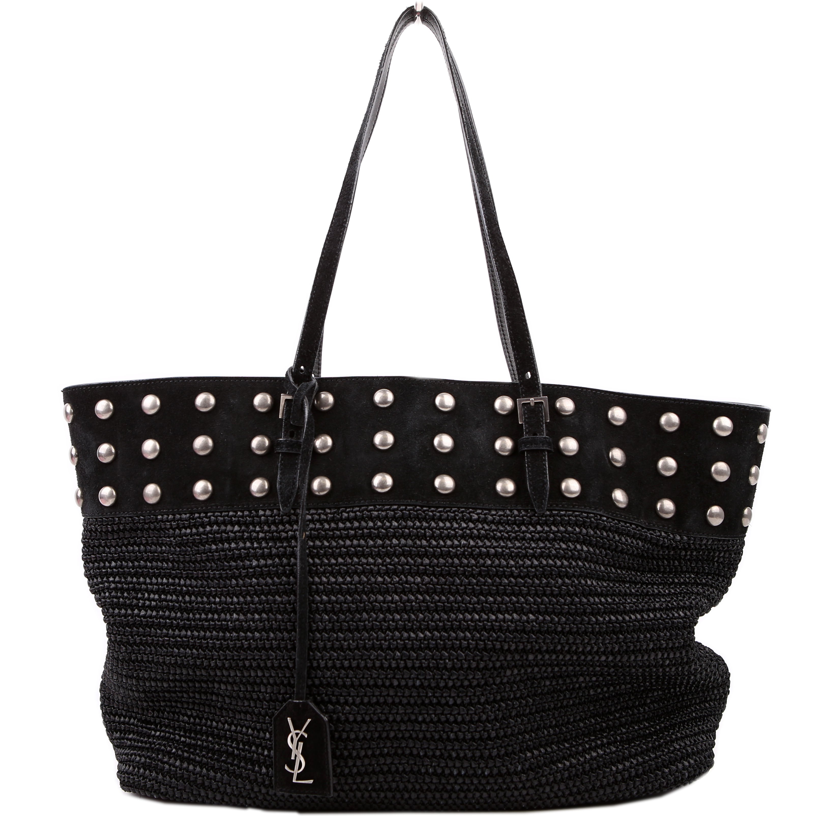 SAINT LAURENT Raffia/Leather Studded Shopping Tote Black