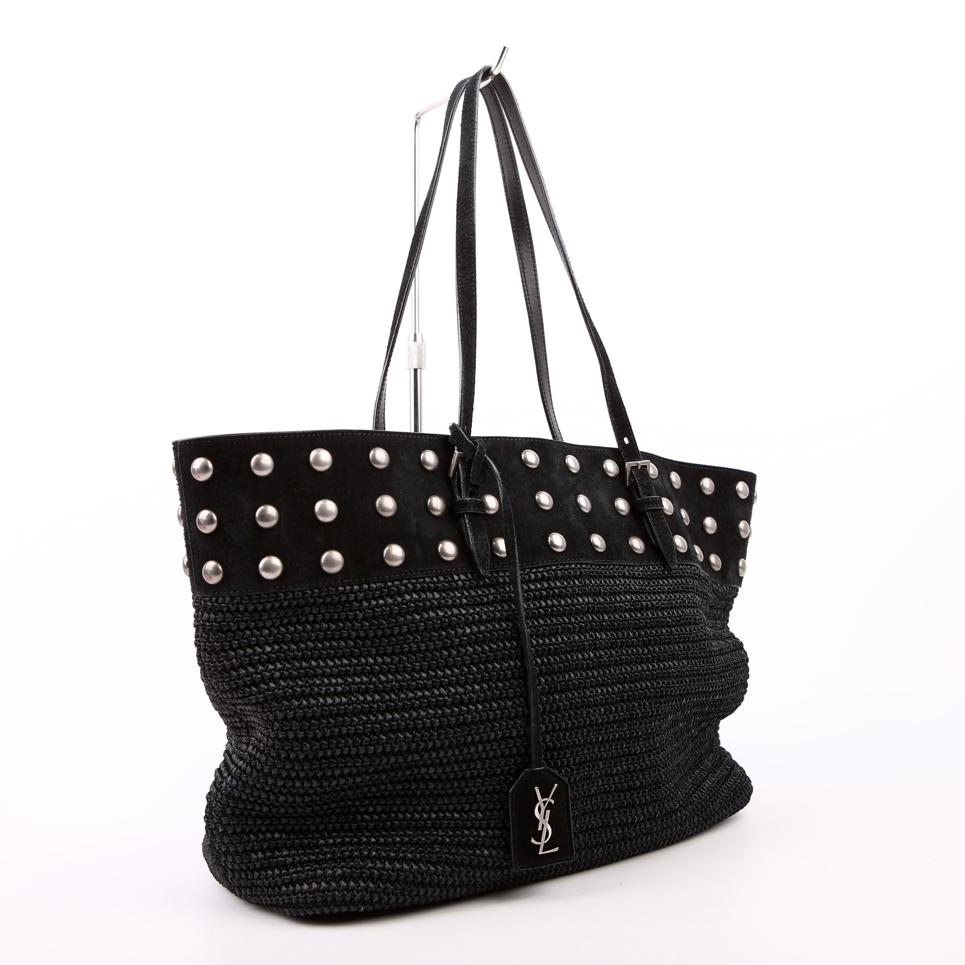 SAINT LAURENT Raffia/Leather Studded Shopping Tote Black