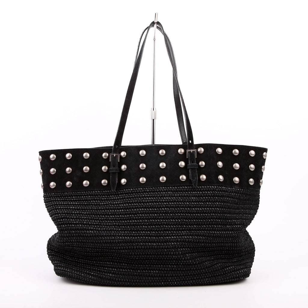 SAINT LAURENT Raffia/Leather Studded Shopping Tote Black
