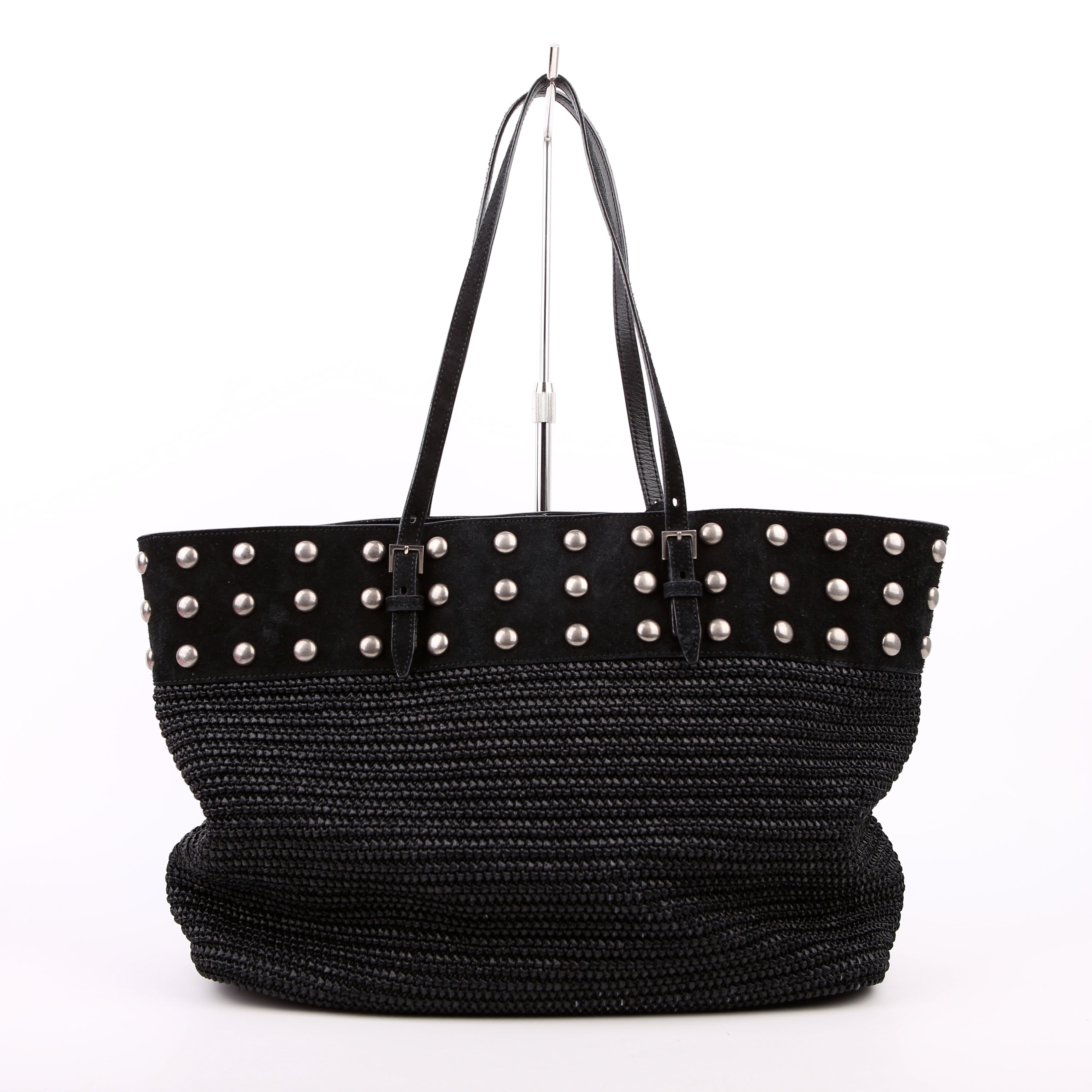 SAINT LAURENT Raffia/Leather Studded Shopping Tote Black